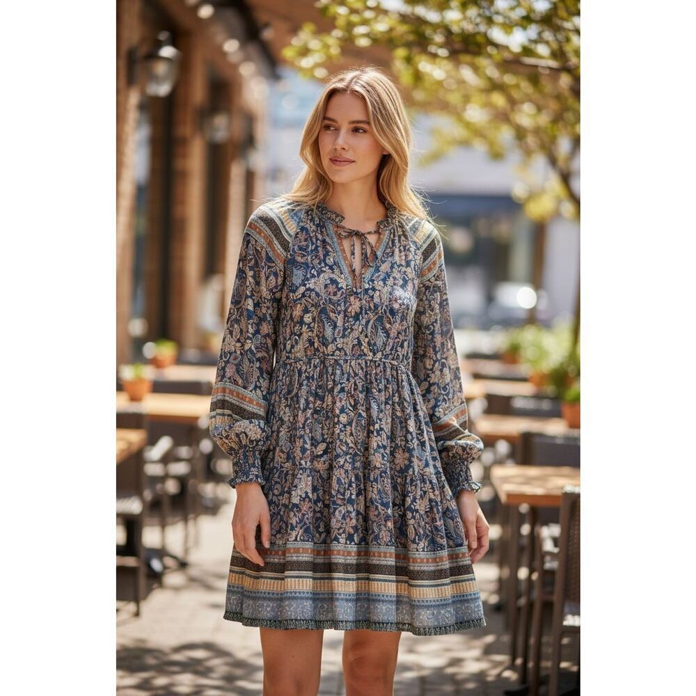 Current Air Paisley Long Sleeve Pleated Satin Long Sleeve Mini Dress Sz M Fall